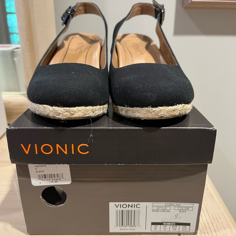 Vionic Black Espadrille Wedge Slingback Heels